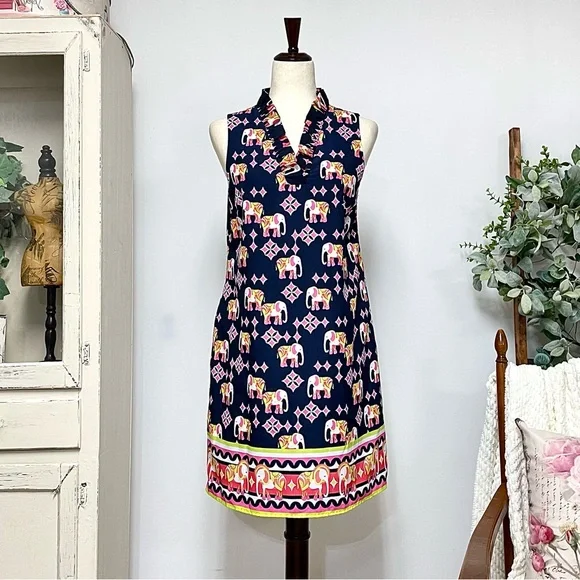 Crown& Ivy Elephant Print Sleeveless Shift Dress Navy Size 6 - Picture 2 of 10